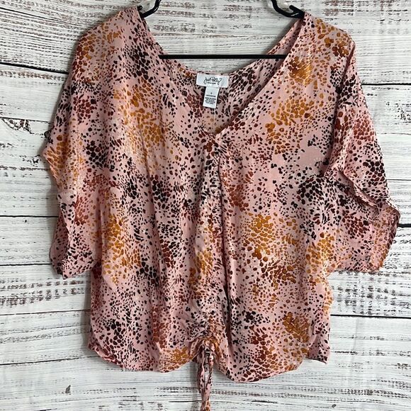 Just Polly Top Womens Size Small Chiffon V Neck Slouchy Ruched  Tunic Boho New - Picture 1 of 9